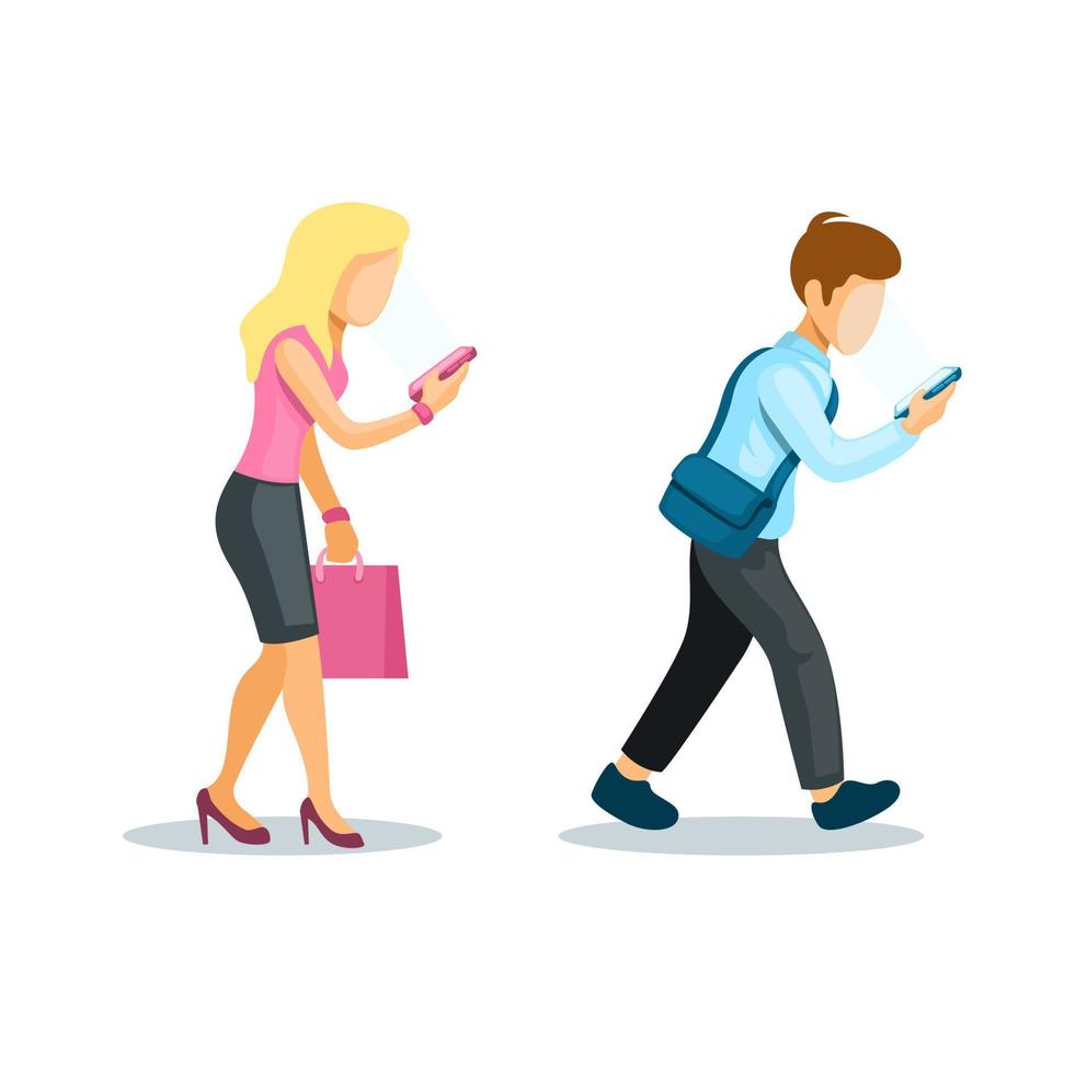homme et femme utilisant un smartphone. gadget addiction problème cartoon set illustration vecteur