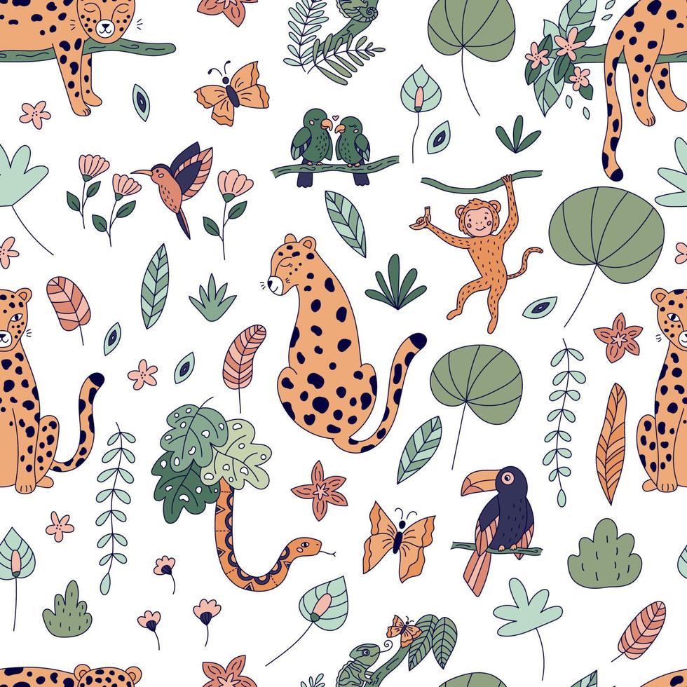 modèle sans couture avec de jolis animaux de la jungle. plantes et fleurs exotiques de la forêt tropicale. doodle cartoon léopards, singe, toucan, perroquets, caméléon, colibri et serpent sur fond blanc. vecteur