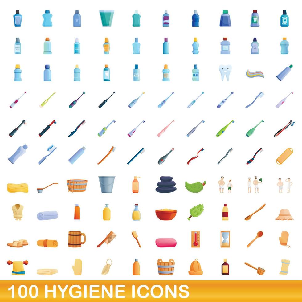 Ensemble de 100 icônes d'hygiène, style cartoon vecteur