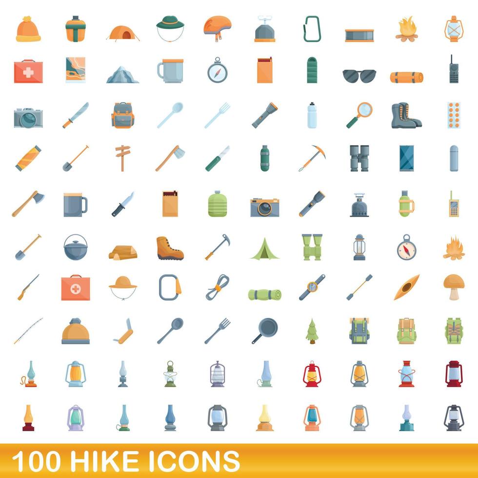 Ensemble de 100 icônes de randonnée, style cartoon vecteur