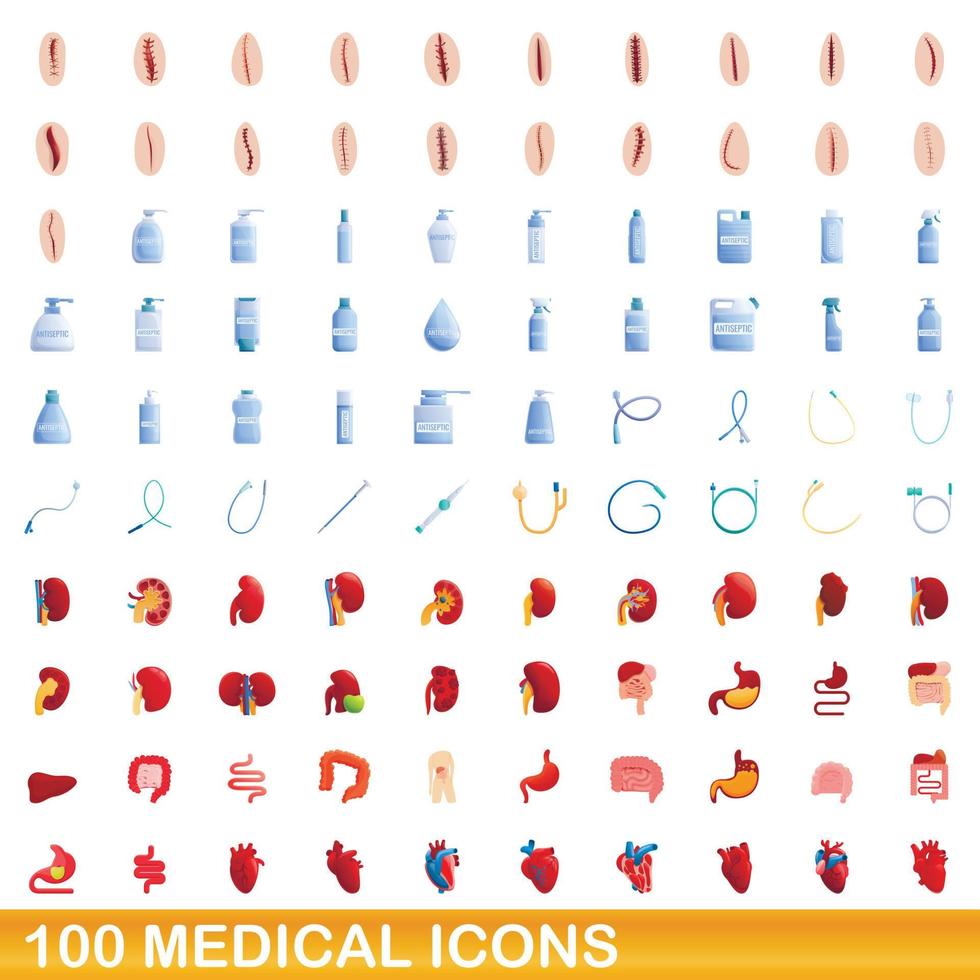 Ensemble de 100 icônes médicales, style cartoon vecteur