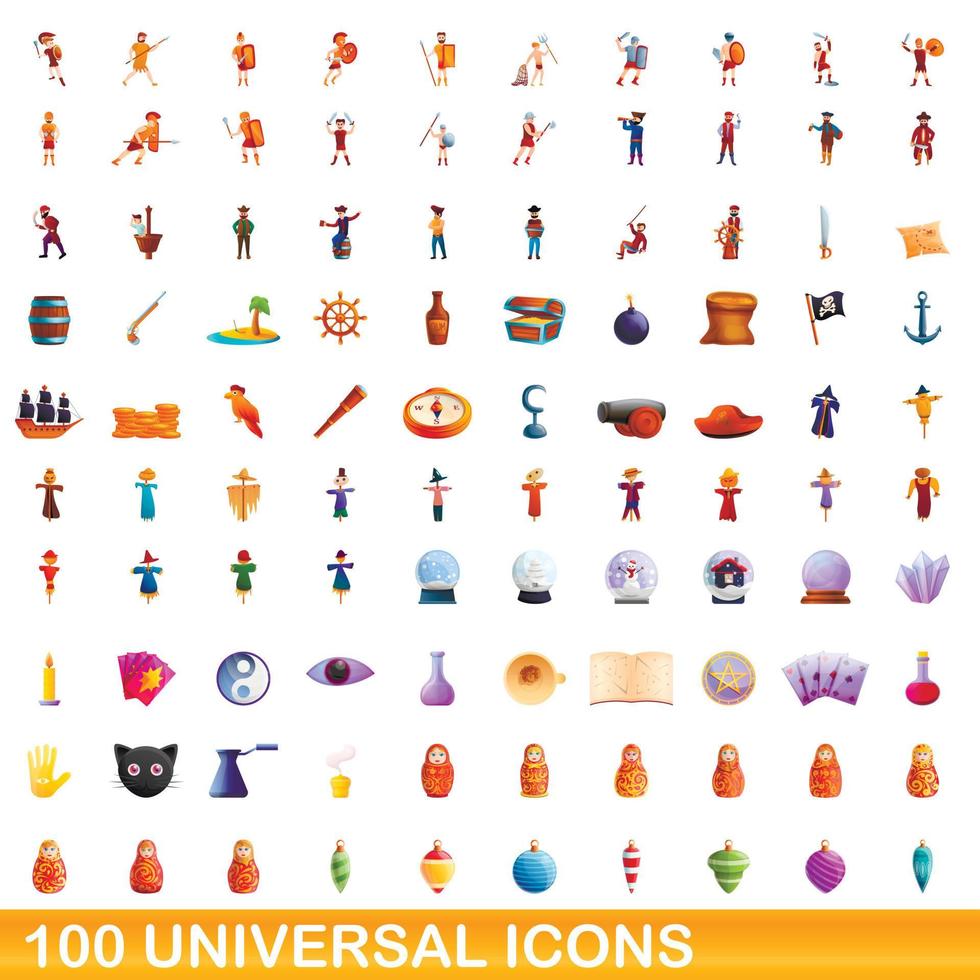 Ensemble de 100 icônes universelles, style dessin animé vecteur