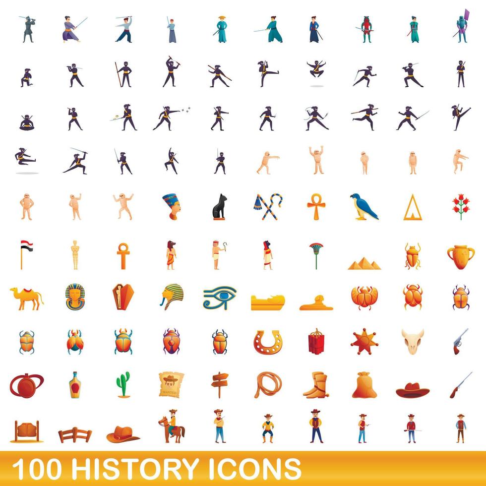 Ensemble de 100 icônes d'histoire, style dessin animé vecteur