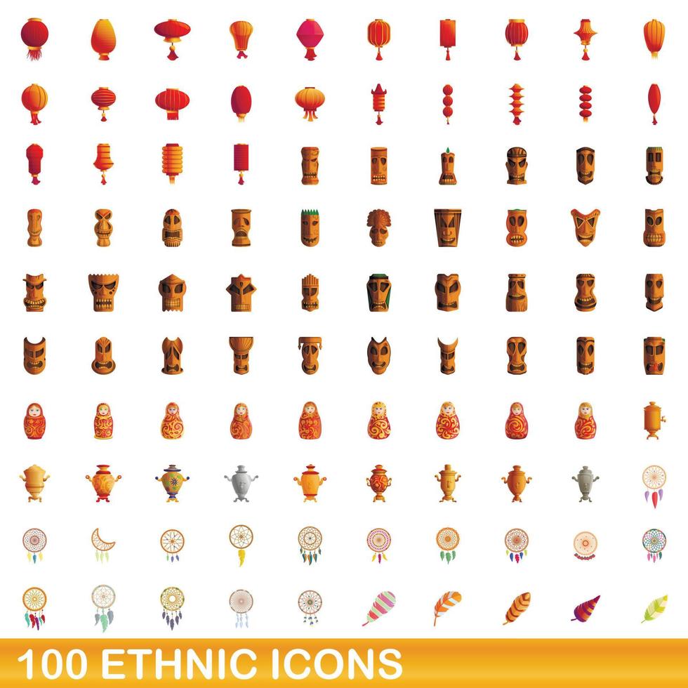 Ensemble de 100 icônes ethniques, style cartoon vecteur