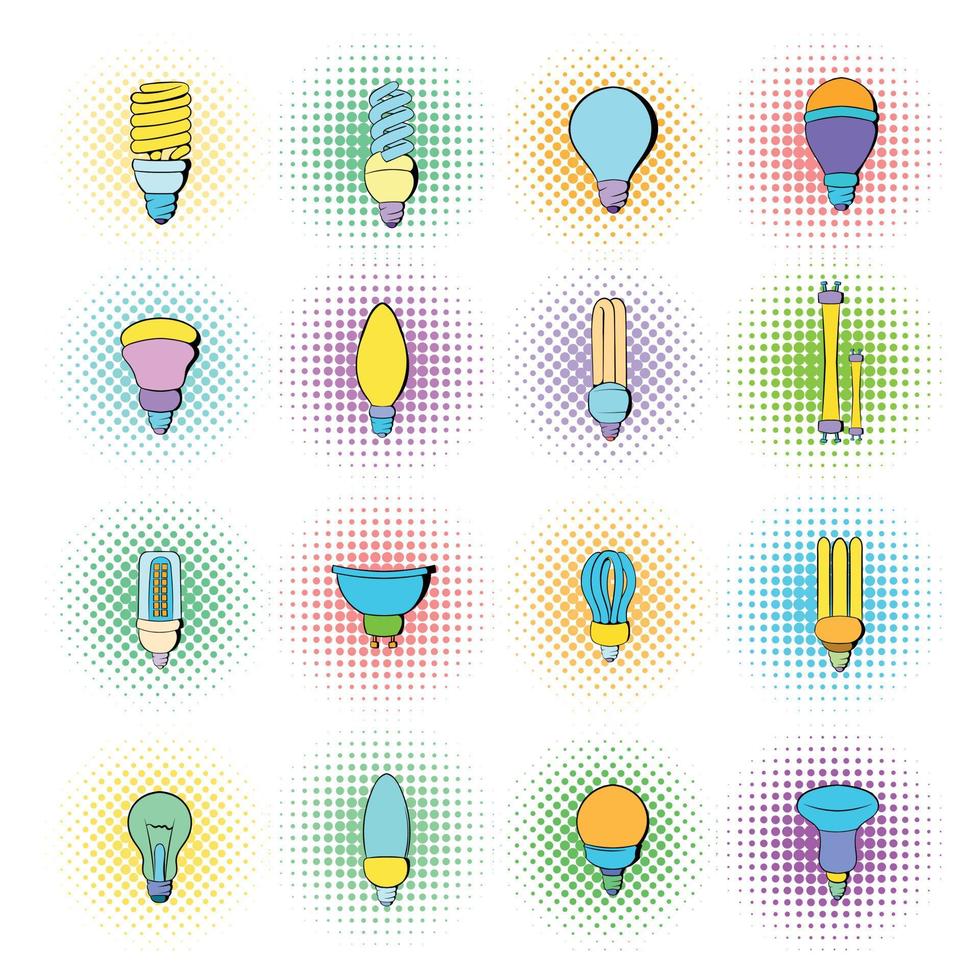 jeu d'icônes d'ampoule, style pop-art vecteur