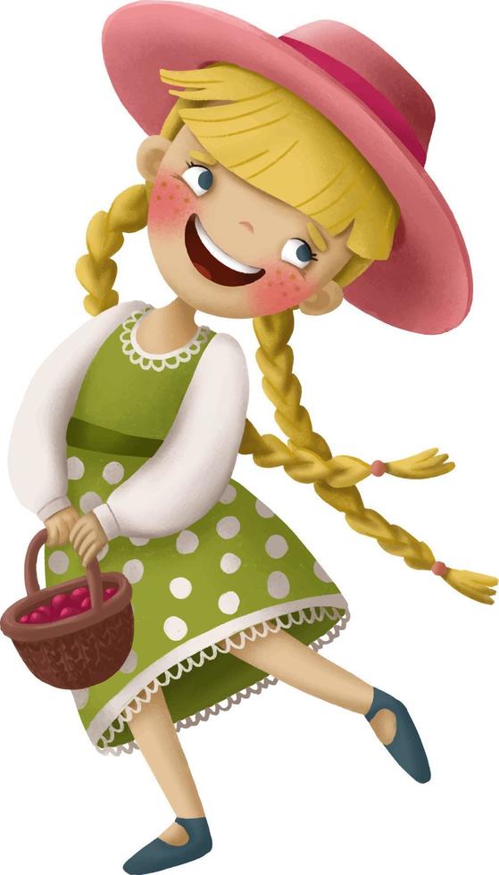 jolie image de dessin animé avec une fille joyeuse tenant un panier et dansant vecteur