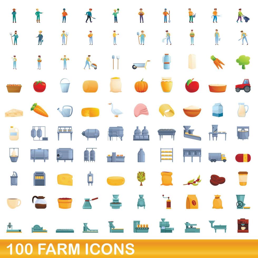 Ensemble de 100 icônes de ferme, style dessin animé vecteur