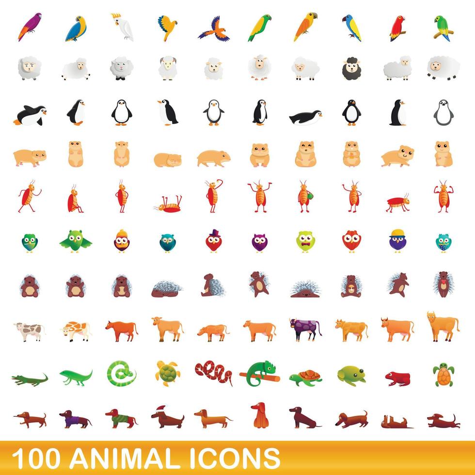 Ensemble de 100 icônes d'animaux, style dessin animé vecteur