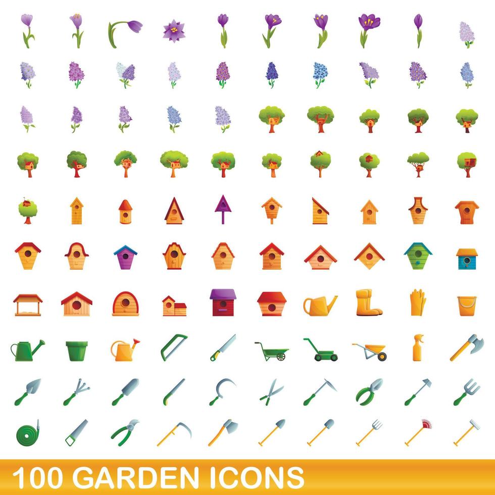 Ensemble de 100 icônes de jardin, style dessin animé vecteur