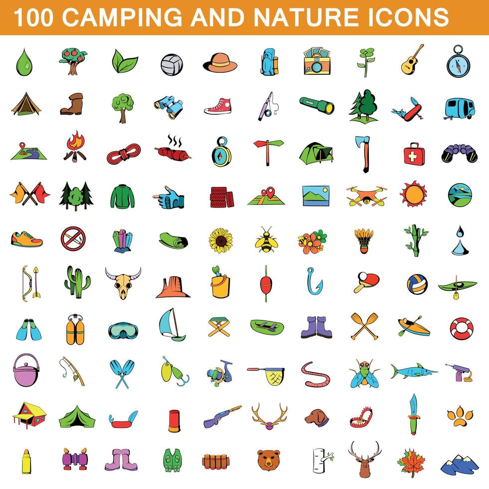 Ensemble de 100 icônes de camping, style dessin animé vecteur