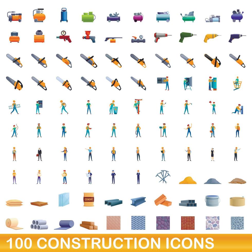 Ensemble de 100 icônes de construction, style dessin animé vecteur