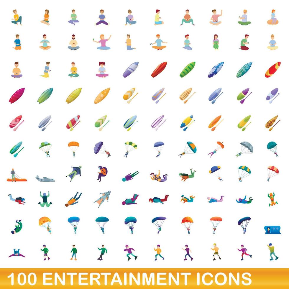 Ensemble de 100 icônes de divertissement, style dessin animé vecteur