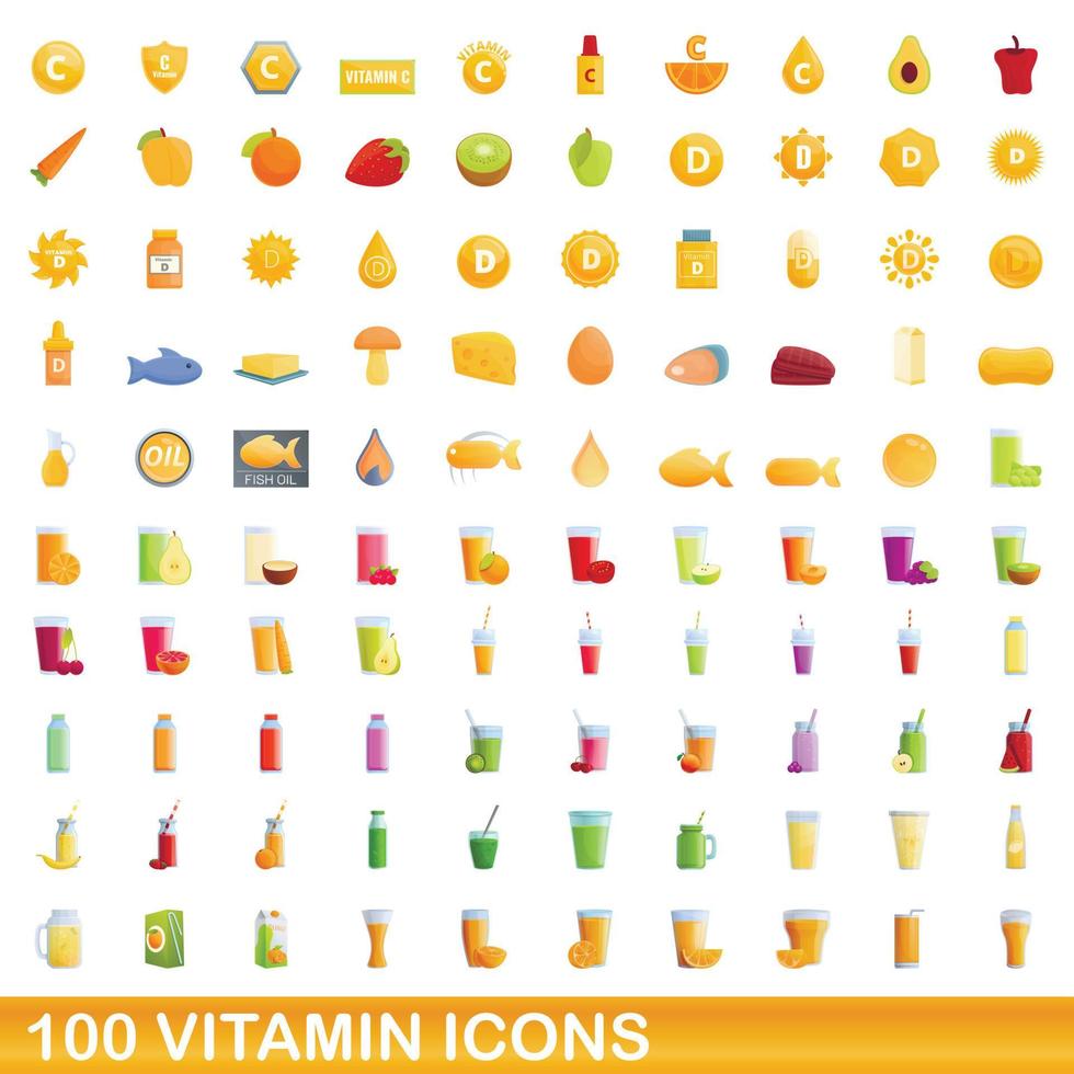 Ensemble de 100 icônes de vitamines, style dessin animé vecteur