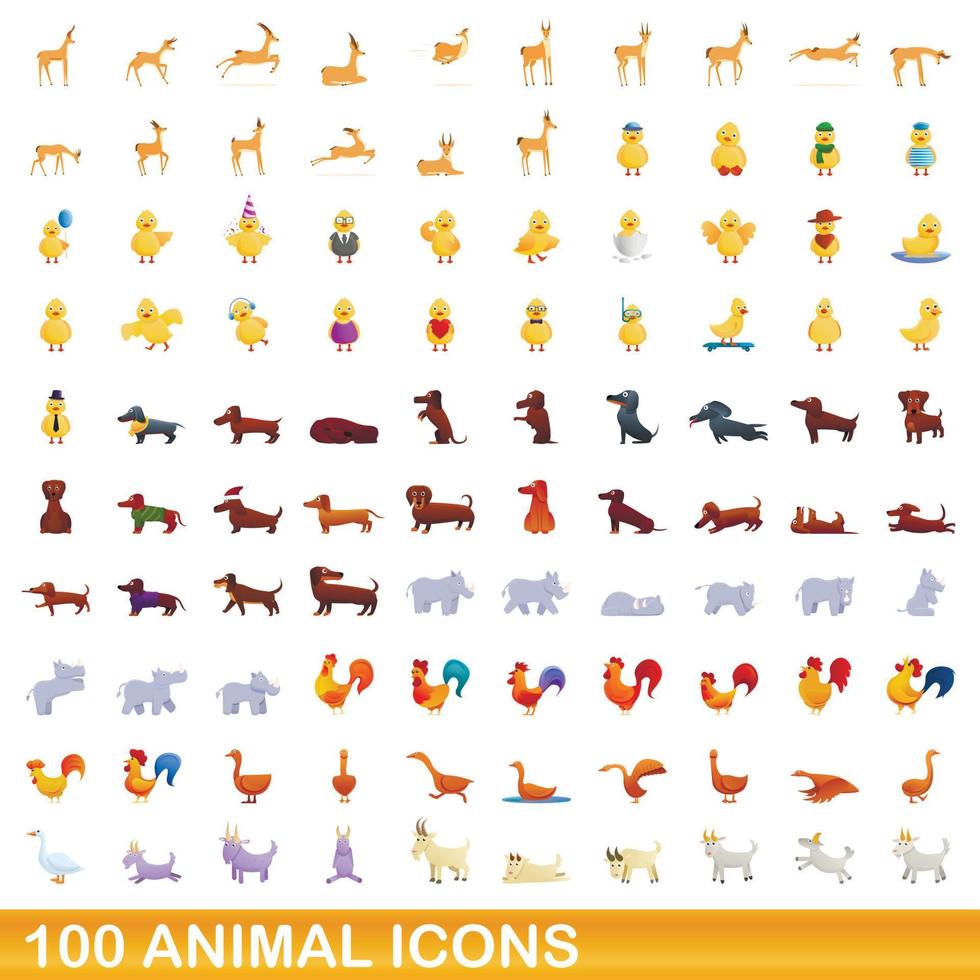 Ensemble de 100 icônes d'animaux, style dessin animé vecteur