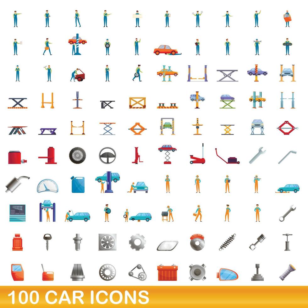 Ensemble de 100 icônes de voiture, style cartoon vecteur