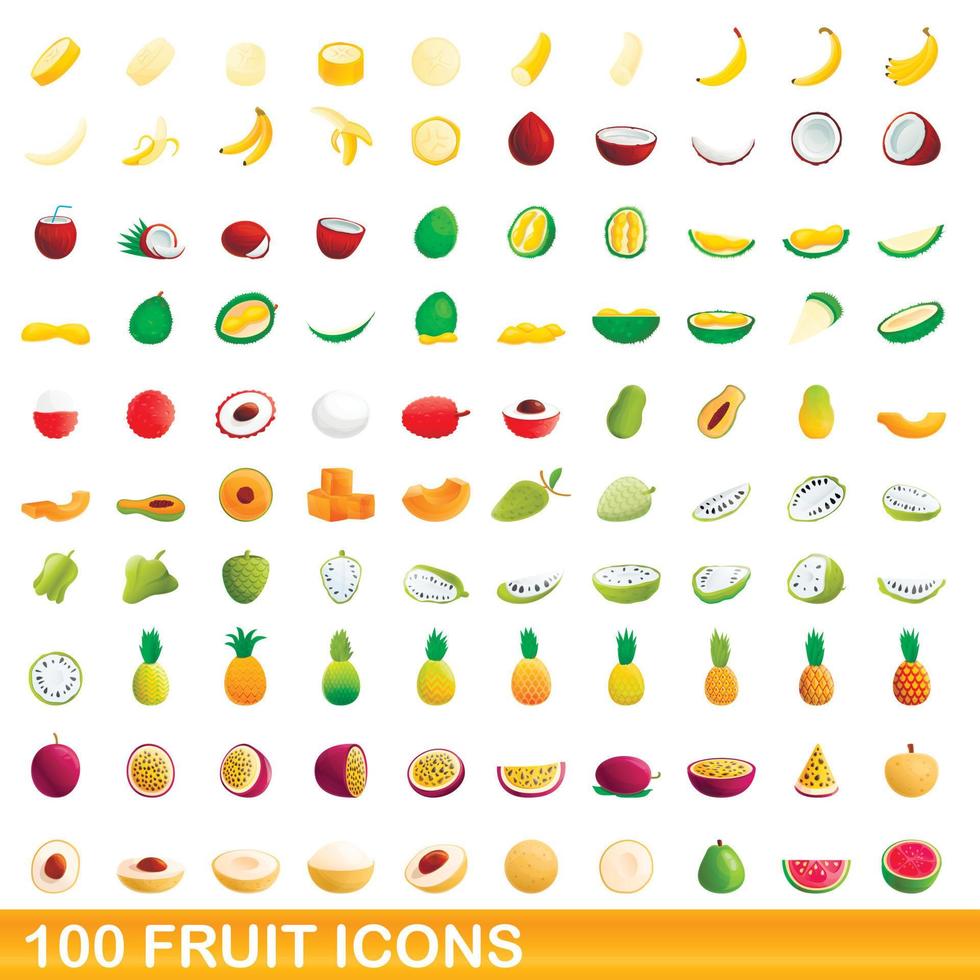 Ensemble de 100 icônes de fruits, style dessin animé vecteur