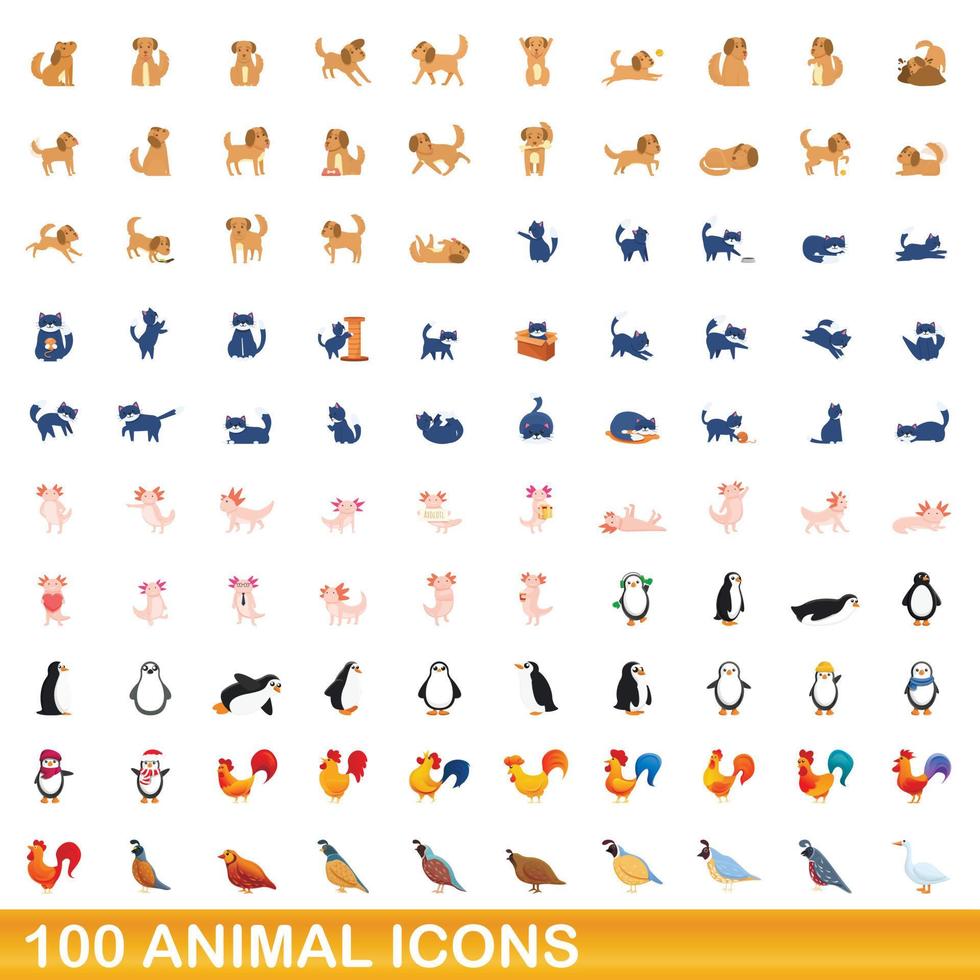 Ensemble de 100 icônes d'animaux, style dessin animé vecteur