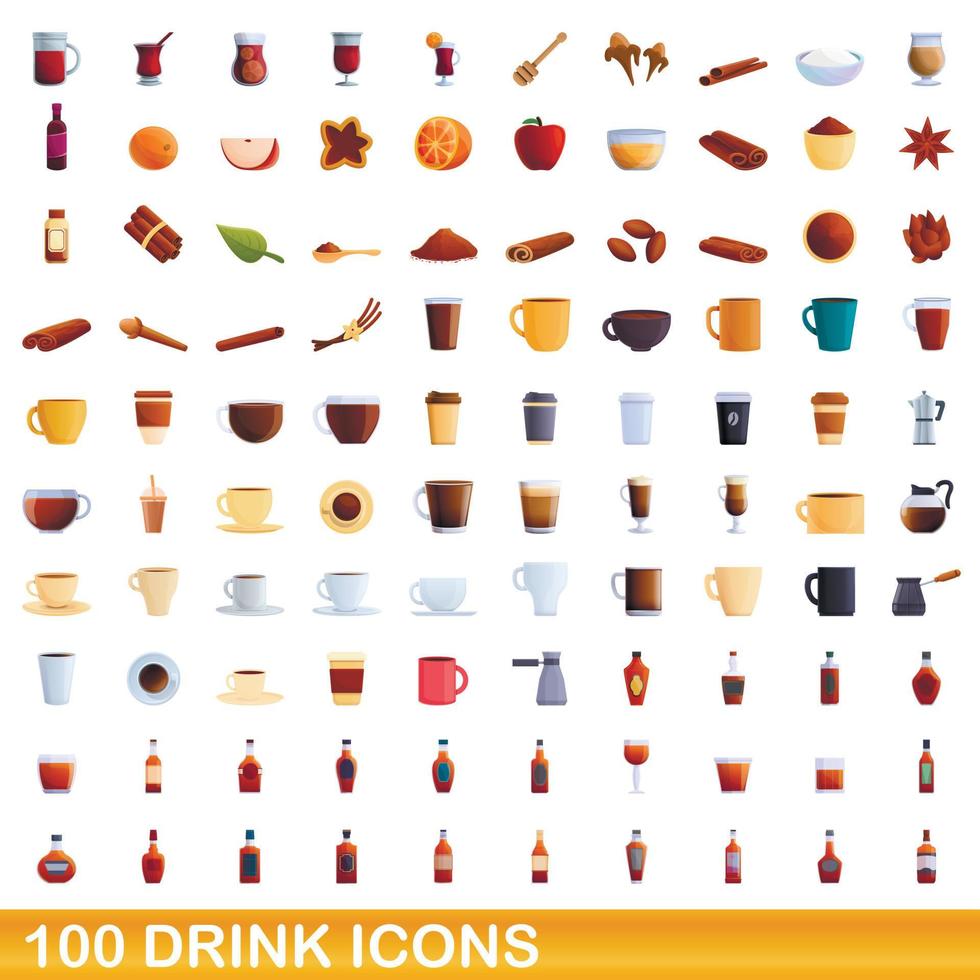 Ensemble de 100 icônes de boisson, style dessin animé vecteur