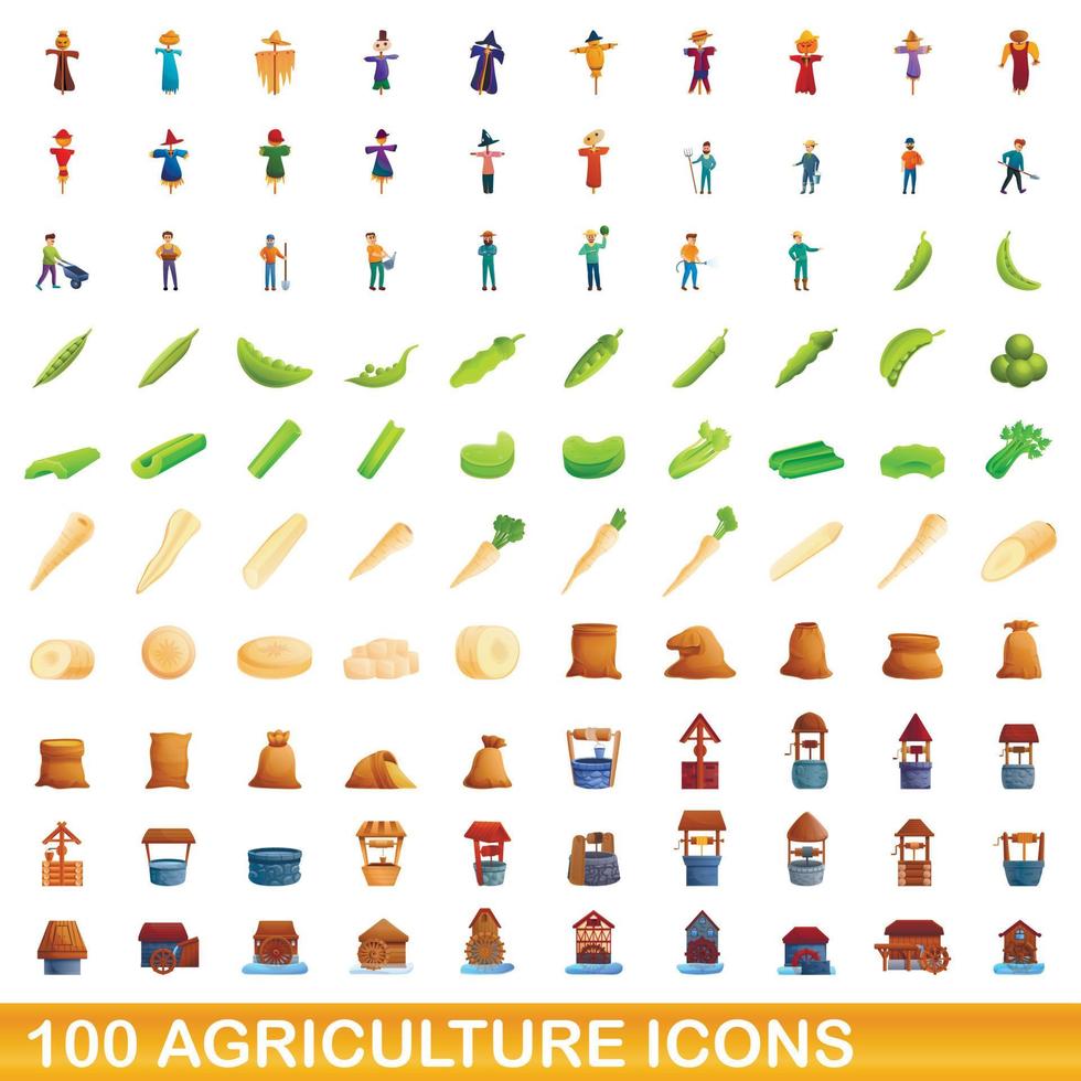 Ensemble de 100 icônes agricoles, style dessin animé vecteur