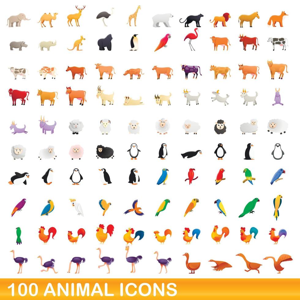 Ensemble de 100 icônes d'animaux, style dessin animé vecteur