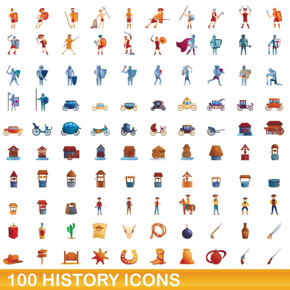 Ensemble de 100 icônes d'histoire, style dessin animé vecteur