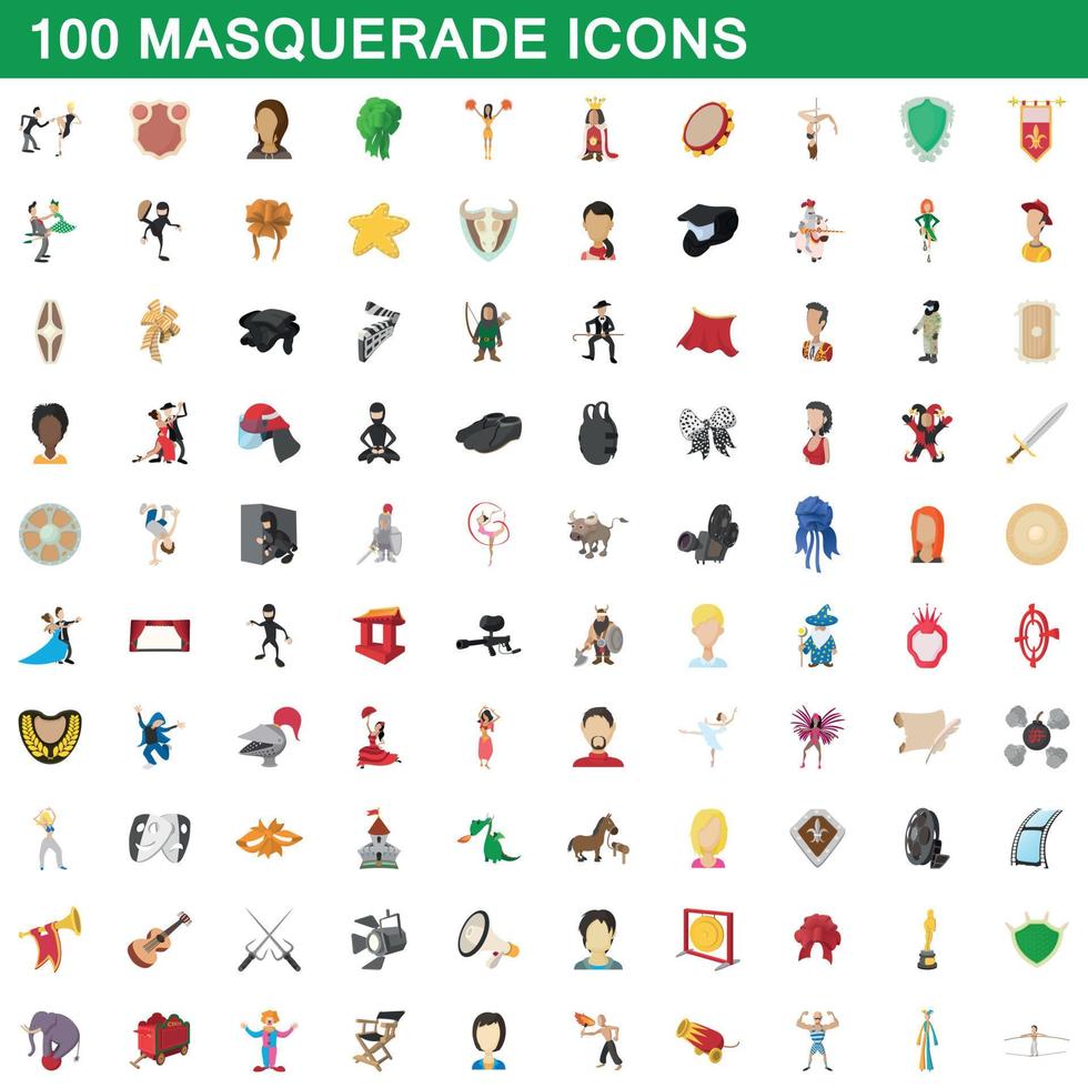 Ensemble de 100 icônes de mascarade, style dessin animé vecteur