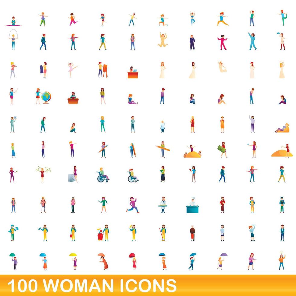 Ensemble de 100 icônes de femme, style cartoon vecteur