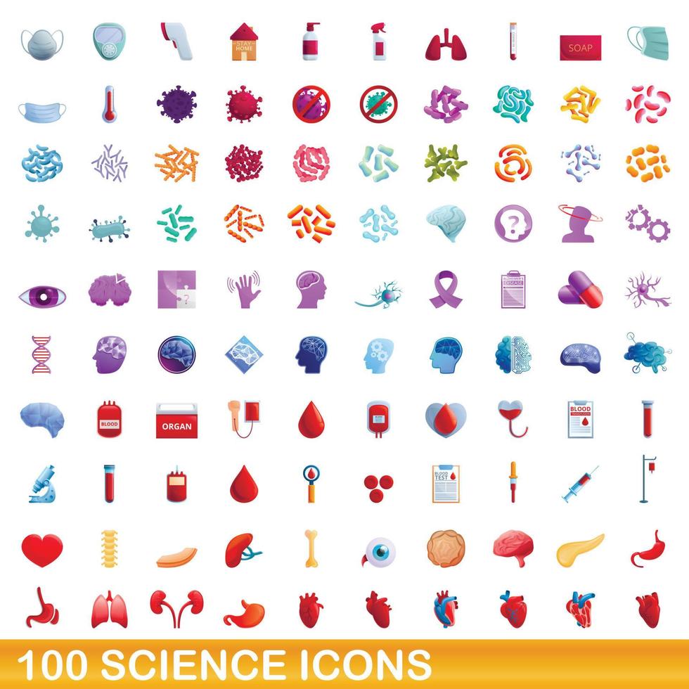 Ensemble de 100 icônes scientifiques, style dessin animé vecteur