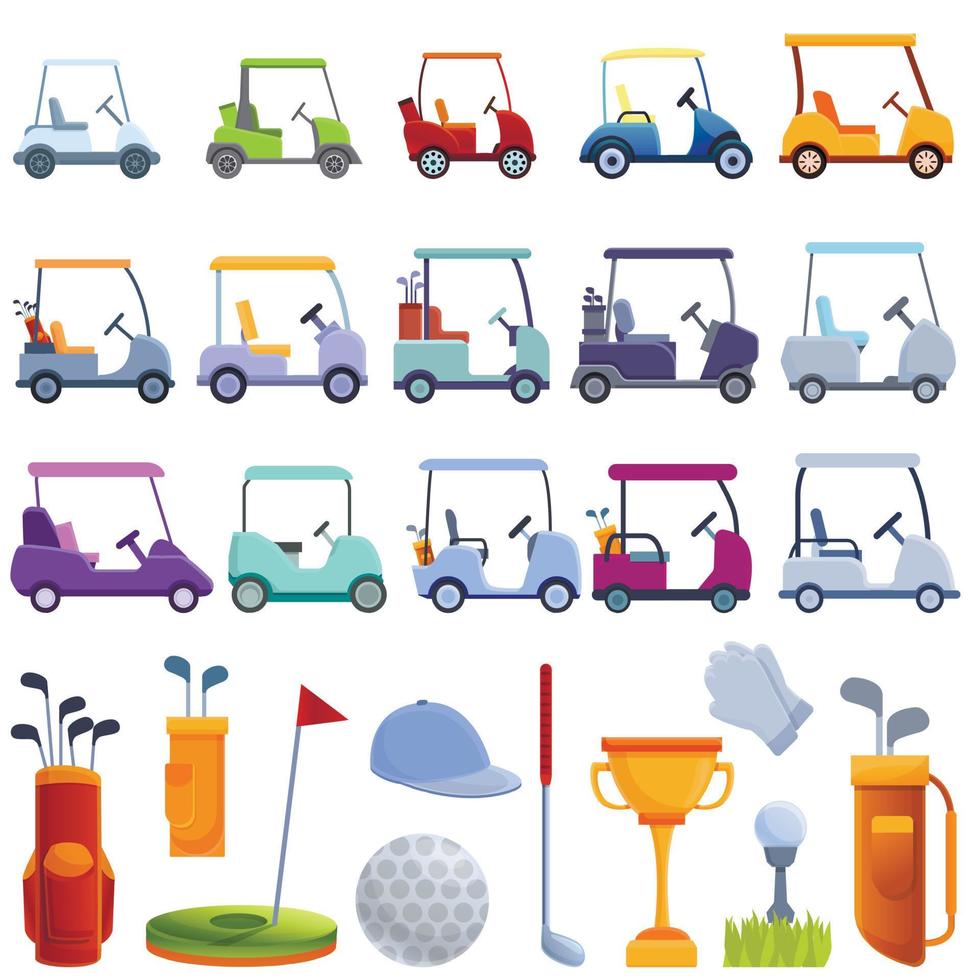 jeu d'icônes de voiturette de golf, style cartoon vecteur