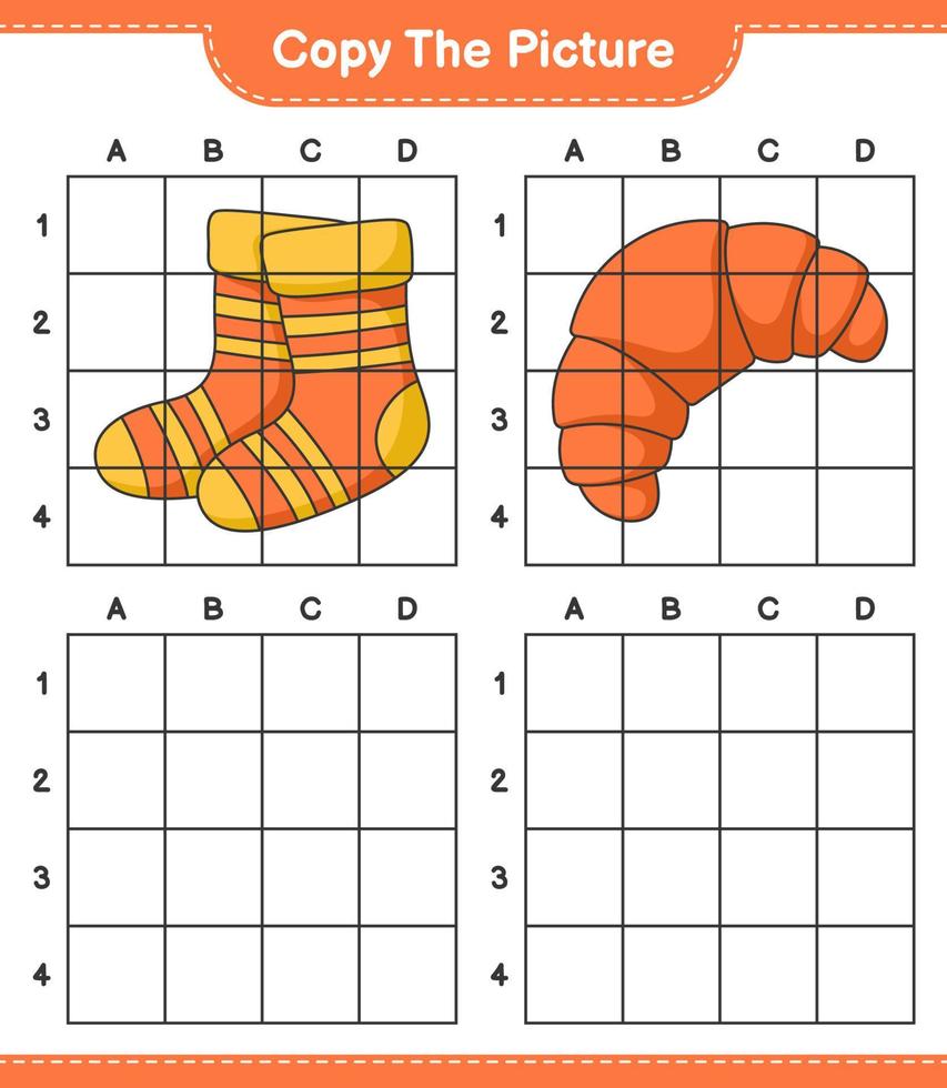 copiez l'image, copiez l'image des chaussettes et du croissant en utilisant les lignes de la grille. jeu éducatif pour enfants, feuille de calcul imprimable, illustration vectorielle vecteur