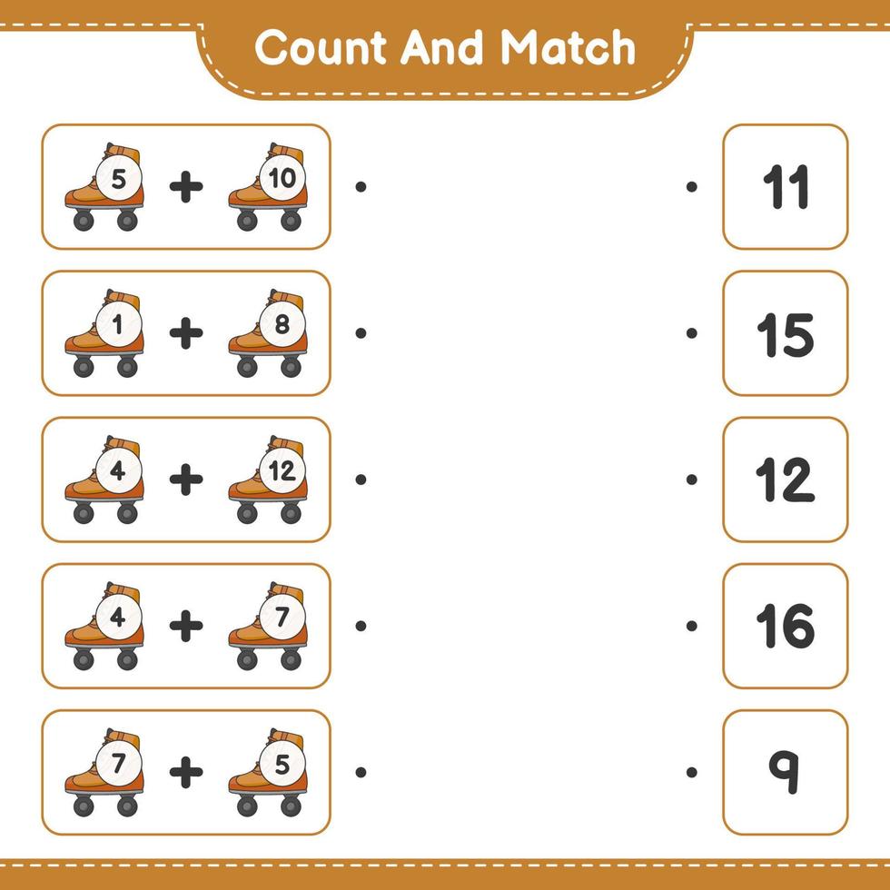 compter et faire correspondre, compter le nombre de patins à roulettes et faire correspondre les bons numéros. jeu éducatif pour enfants, feuille de calcul imprimable, illustration vectorielle vecteur