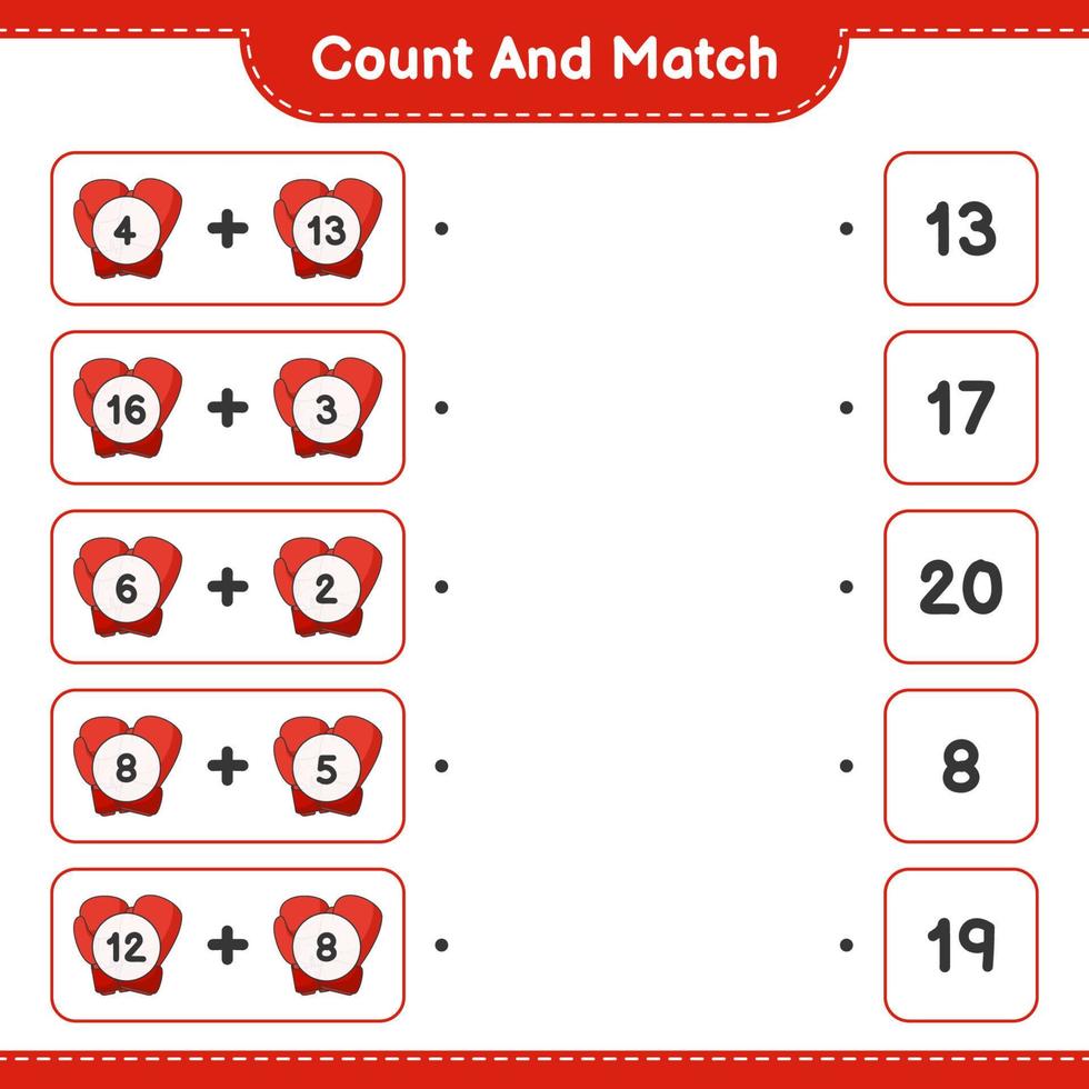 compter et faire correspondre, compter le nombre de gants de boxe et faire correspondre les bons numéros. jeu éducatif pour enfants, feuille de calcul imprimable, illustration vectorielle vecteur