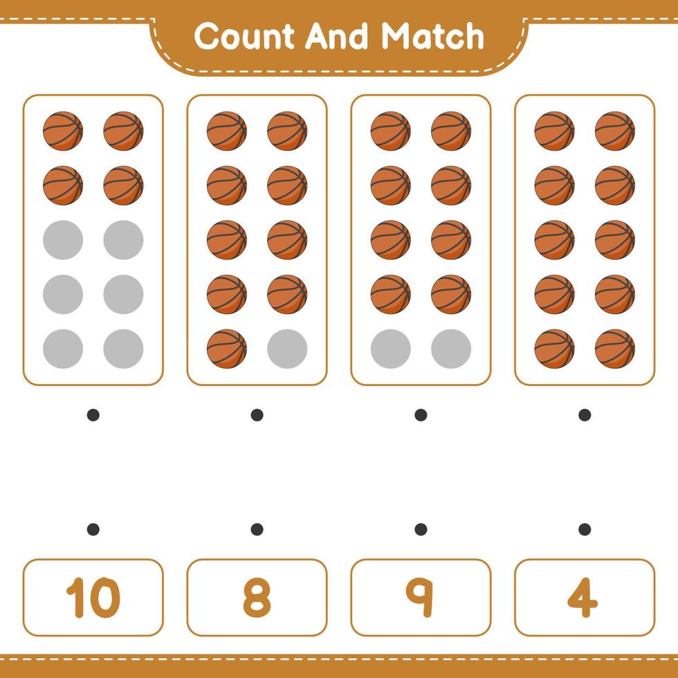 comptez et faites correspondre, comptez le nombre de ballons de basket et faites correspondre les bons numéros. jeu éducatif pour enfants, feuille de calcul imprimable, illustration vectorielle vecteur