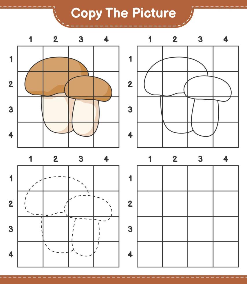 copiez l'image, copiez l'image de cèpes aux champignons à l'aide de lignes de quadrillage. jeu éducatif pour enfants, feuille de calcul imprimable, illustration vectorielle vecteur
