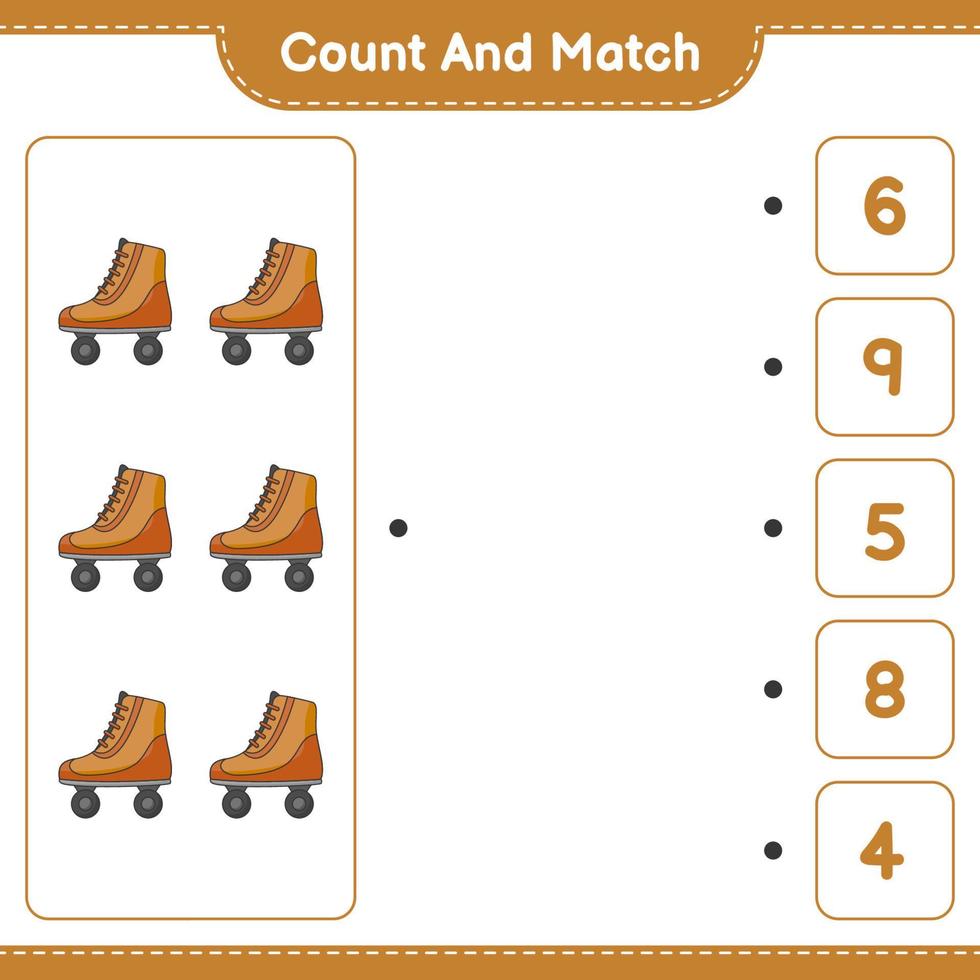 compter et faire correspondre, compter le nombre de patins à roulettes et faire correspondre les bons numéros. jeu éducatif pour enfants, feuille de calcul imprimable, illustration vectorielle vecteur