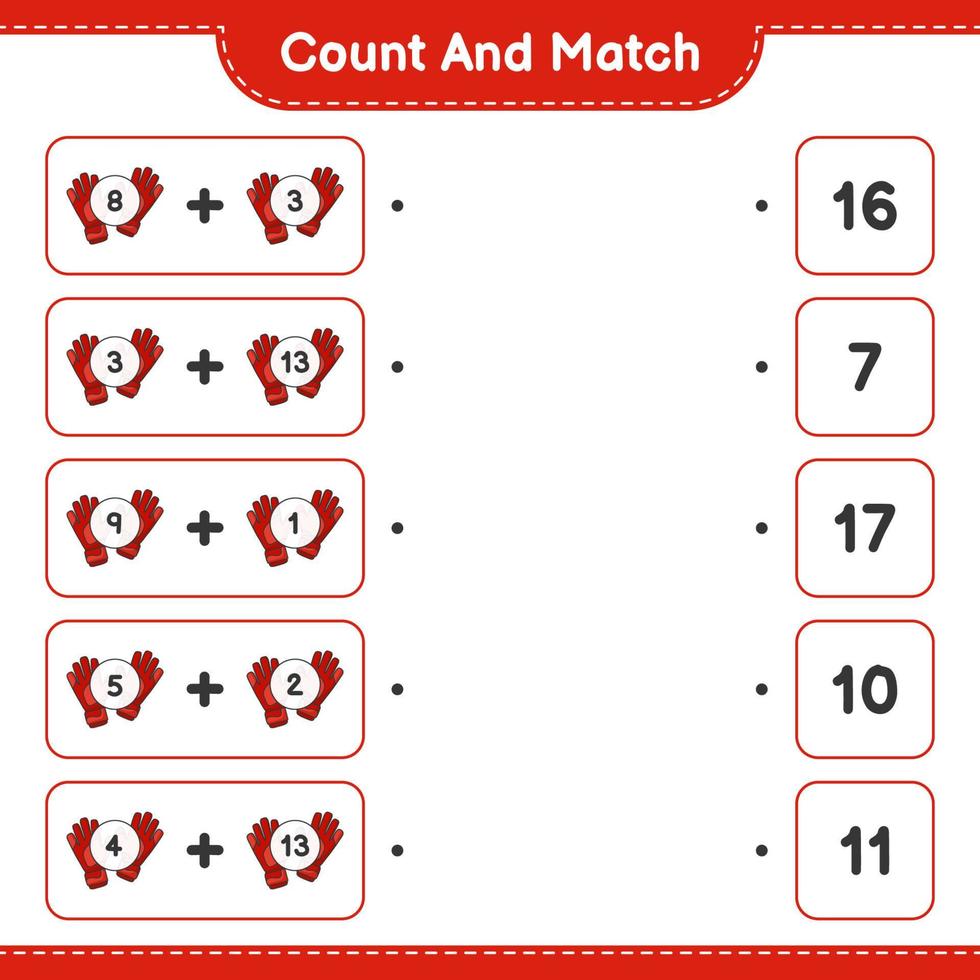 compter et faire correspondre, compter le nombre de gants de gardien de but et faire correspondre les bons numéros. jeu éducatif pour enfants, feuille de calcul imprimable, illustration vectorielle vecteur