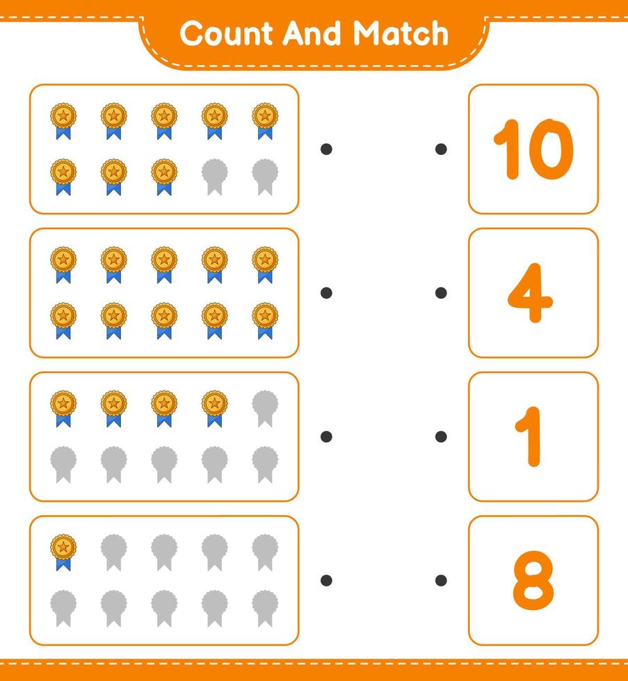 comptez et faites correspondre, comptez le nombre de trophées et faites correspondre les bons numéros. jeu éducatif pour enfants, feuille de calcul imprimable, illustration vectorielle vecteur