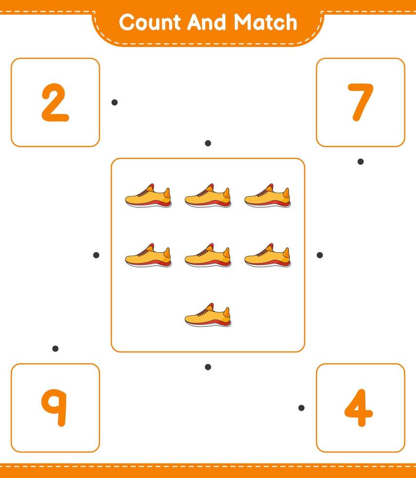 compter et faire correspondre, compter le nombre de chaussures de course et faire correspondre les bons numéros. jeu éducatif pour enfants, feuille de calcul imprimable, illustration vectorielle vecteur