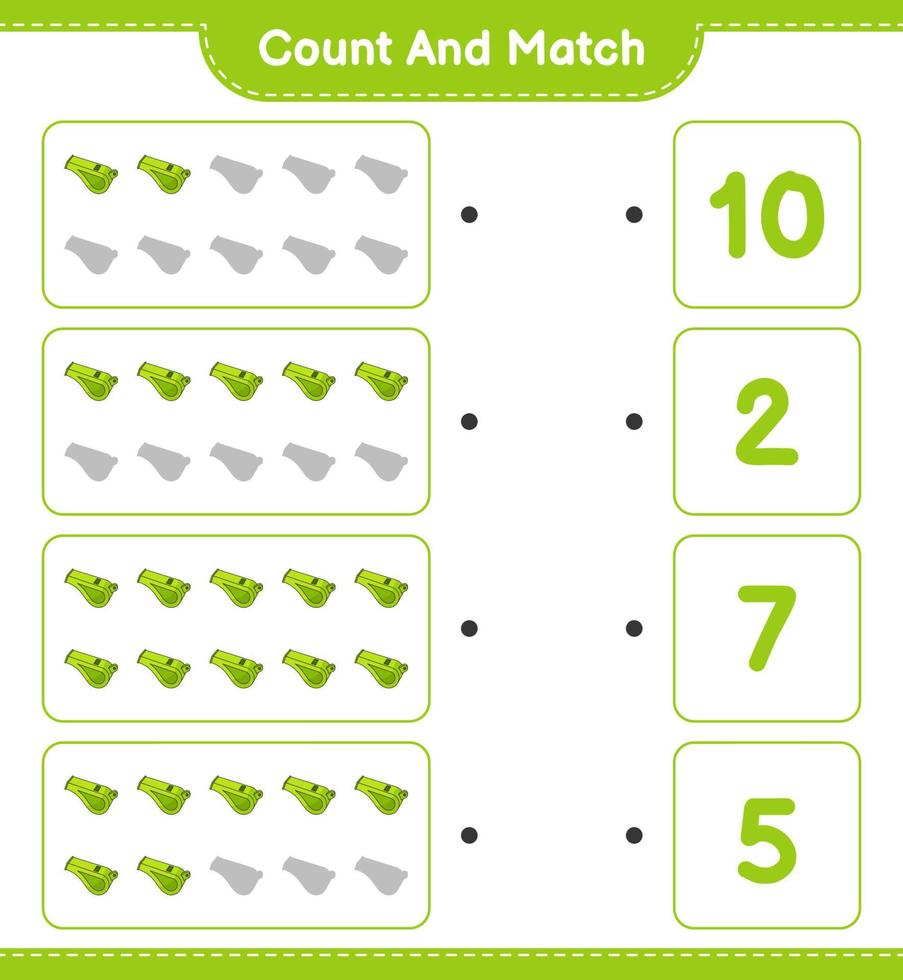 comptez et faites correspondre, comptez le nombre de coups de sifflet et faites correspondre les bons numéros. jeu éducatif pour enfants, feuille de calcul imprimable, illustration vectorielle vecteur