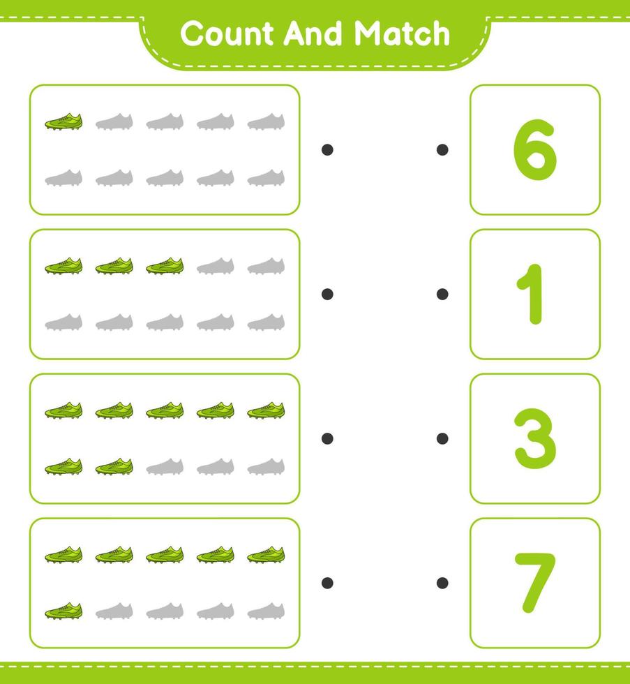 compter et faire correspondre, compter le nombre de chaussures de football et faire correspondre les bons numéros. jeu éducatif pour enfants, feuille de calcul imprimable, illustration vectorielle vecteur