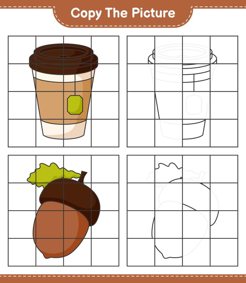 copiez l'image, copiez l'image du gland et de la tasse de thé en utilisant les lignes de la grille. jeu éducatif pour enfants, feuille de calcul imprimable, illustration vectorielle vecteur