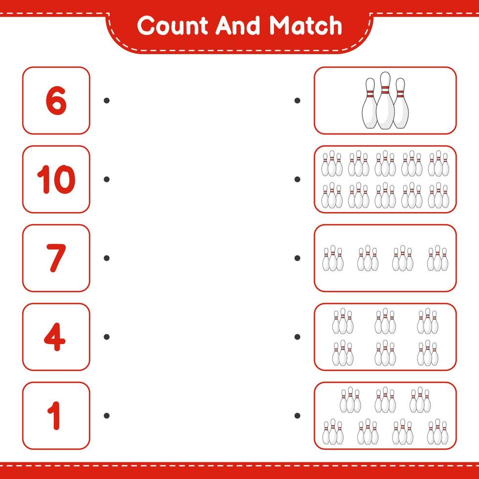 compter et faire correspondre, compter le nombre de quilles et faire correspondre les bons numéros. jeu éducatif pour enfants, feuille de calcul imprimable, illustration vectorielle vecteur