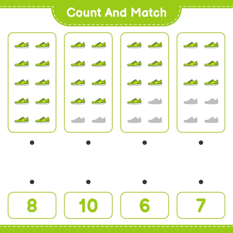 comptez et faites correspondre, comptez le nombre de baskets et faites correspondre les bons numéros. jeu éducatif pour enfants, feuille de calcul imprimable, illustration vectorielle vecteur