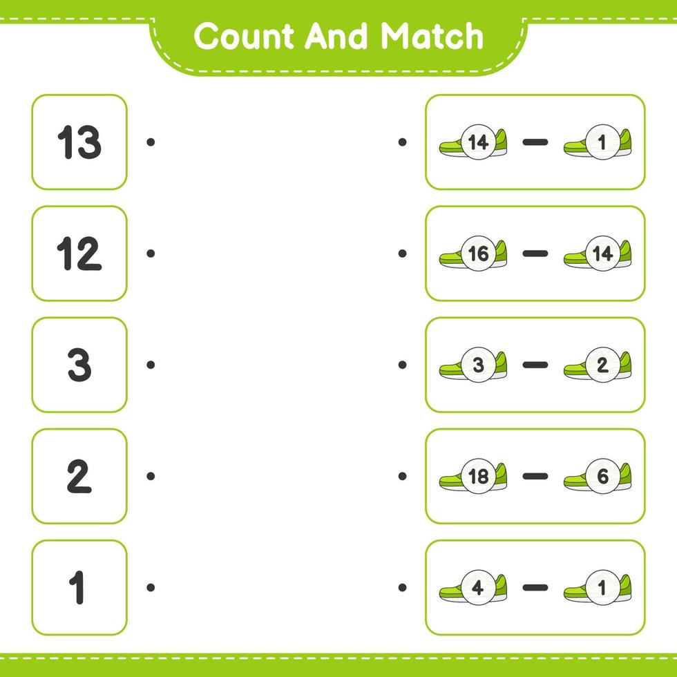 comptez et faites correspondre, comptez le nombre de baskets et faites correspondre les bons numéros. jeu éducatif pour enfants, feuille de calcul imprimable, illustration vectorielle vecteur