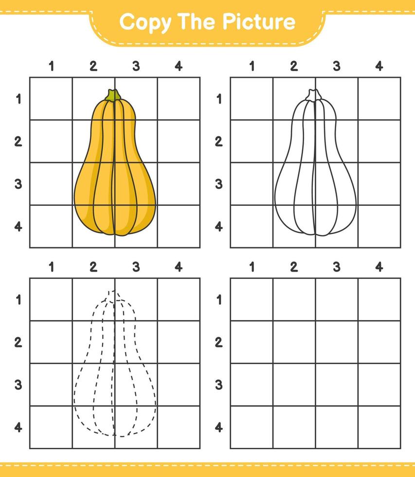 copiez l'image, copiez l'image de la courge musquée à l'aide des lignes de la grille. jeu éducatif pour enfants, feuille de calcul imprimable, illustration vectorielle vecteur