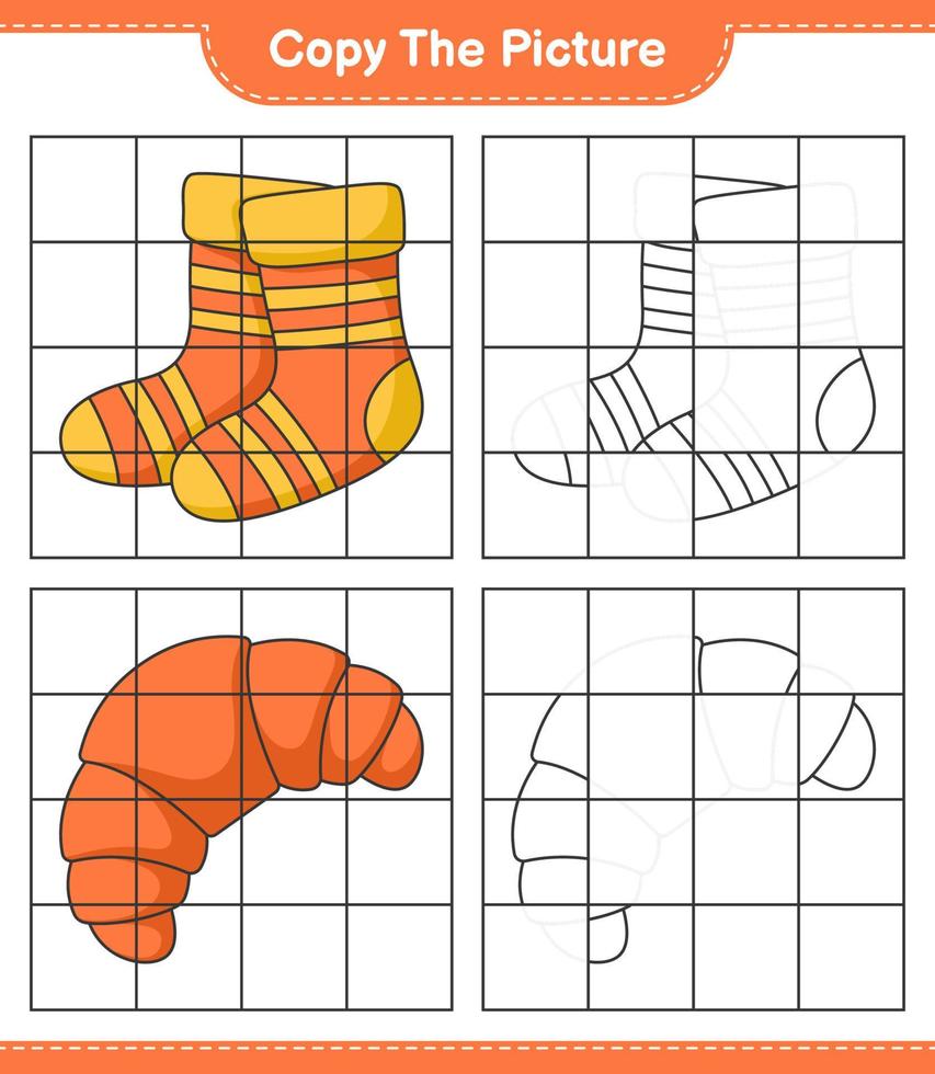 copiez l'image, copiez l'image des chaussettes et du croissant en utilisant les lignes de la grille. jeu éducatif pour enfants, feuille de calcul imprimable, illustration vectorielle vecteur