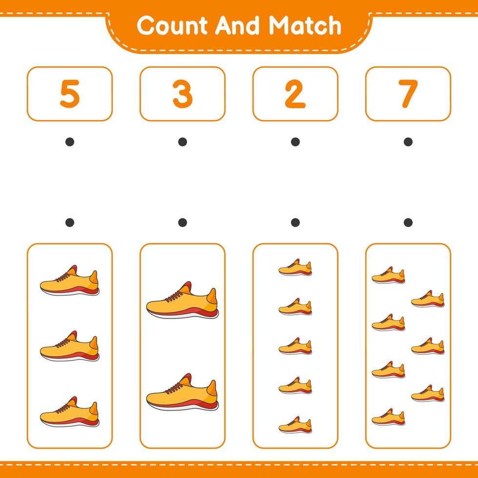 compter et faire correspondre, compter le nombre de chaussures de course et faire correspondre les bons numéros. jeu éducatif pour enfants, feuille de calcul imprimable, illustration vectorielle vecteur