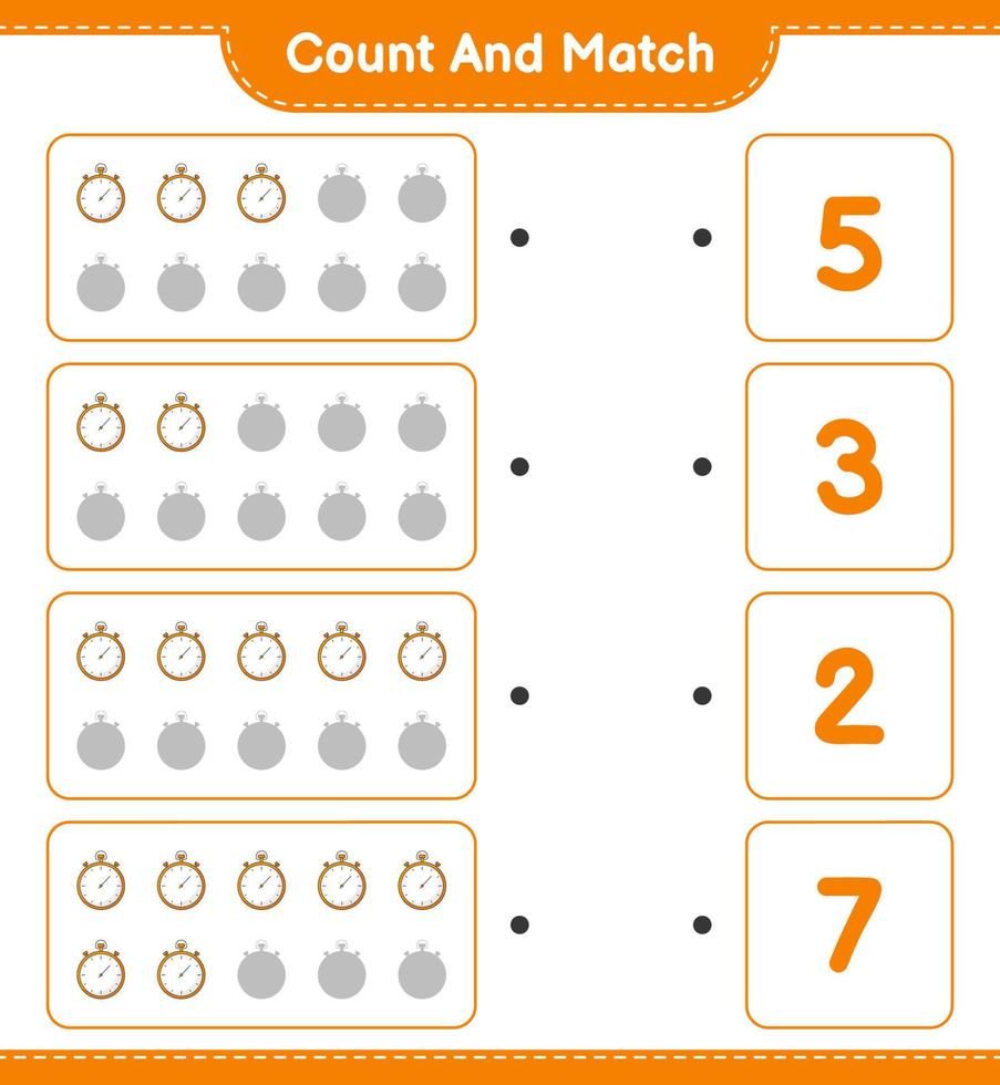 compter et faire correspondre, compter le nombre de chronomètres et faire correspondre les bons chiffres. jeu éducatif pour enfants, feuille de calcul imprimable, illustration vectorielle vecteur