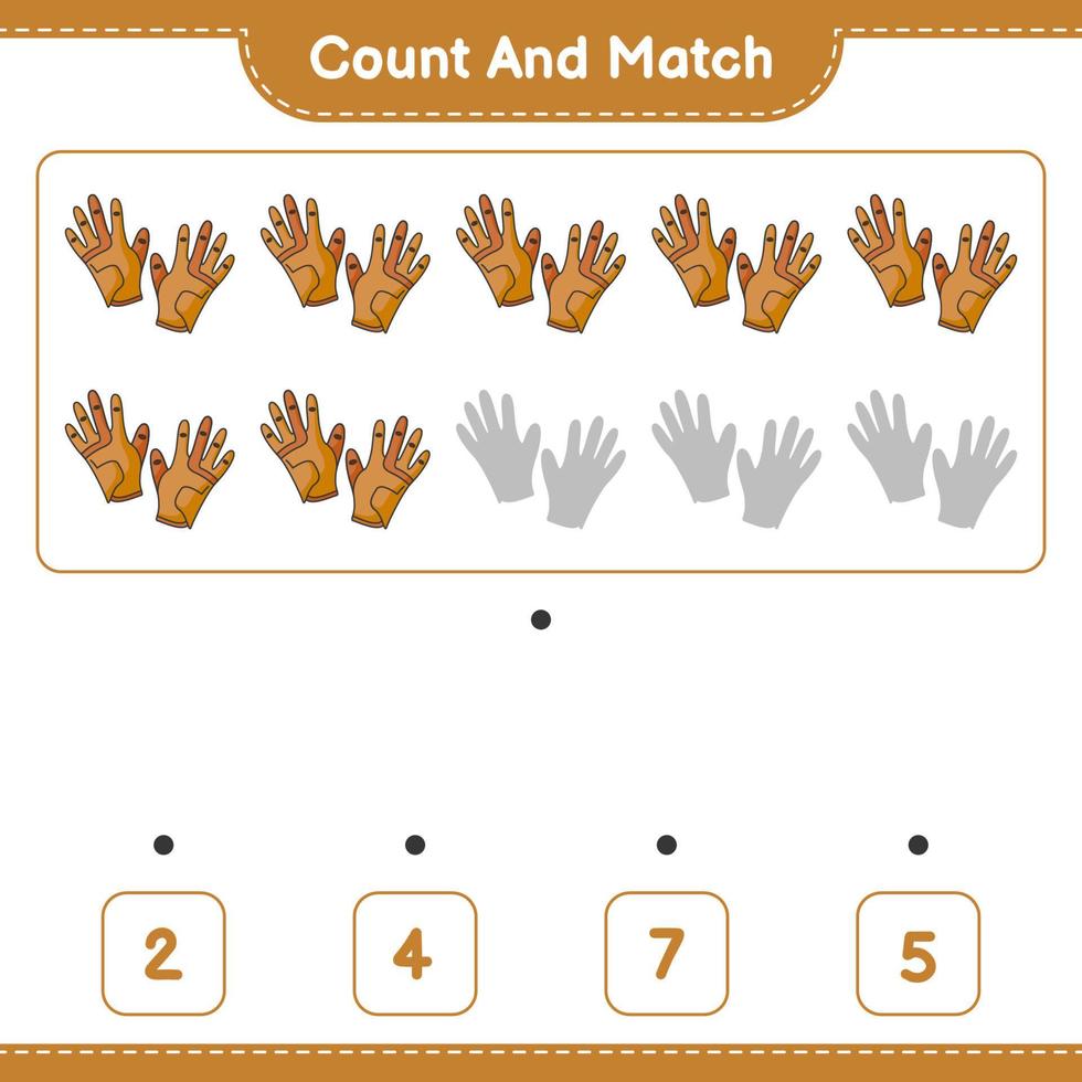 compter et faire correspondre, compter le nombre de gants de golf et faire correspondre les bons numéros. jeu éducatif pour enfants, feuille de calcul imprimable, illustration vectorielle vecteur