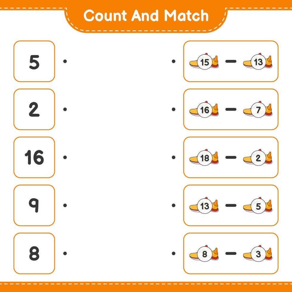 compter et faire correspondre, compter le nombre de chaussures de course et faire correspondre les bons numéros. jeu éducatif pour enfants, feuille de calcul imprimable, illustration vectorielle vecteur